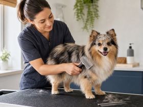 An Aussie Pom being brushed on a grooming table