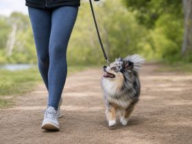 Small merle mixed-breed dog trotting beside its owner on a park trail