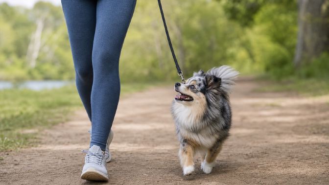Small merle mixed-breed dog trotting beside its owner on a park trail