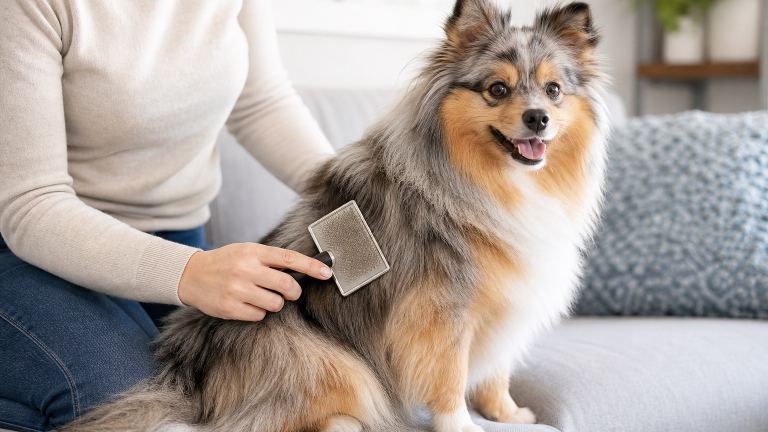 Slicker brush working through the dense coat of a small fluffy dog