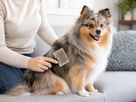Slicker brush working through the dense coat of a small fluffy dog