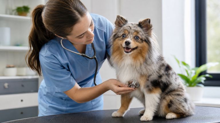 Veterinarian examining a small fluffy merle dog on an exam table