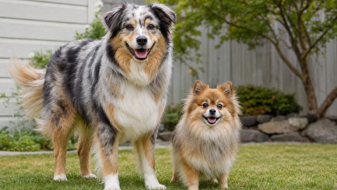 Two fluffy mixed-breed dogs of noticeably different sizes standing together on grass