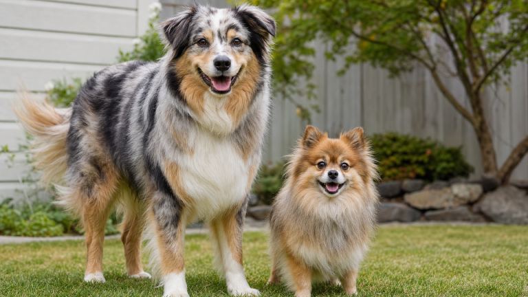 Two fluffy mixed-breed dogs of noticeably different sizes standing together on grass