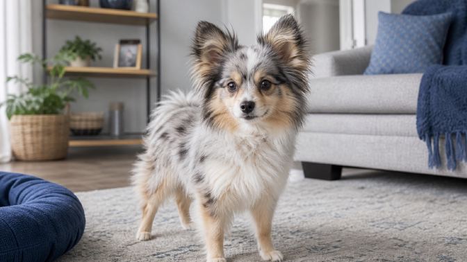 Alert small fluffy dog standing in a living room with ears raised
