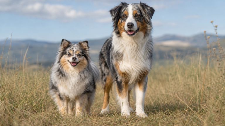 An adult Australian Shepherd standing beside a smaller fluffy merle mixed-breed dog in a field