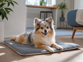 Fluffy little dog resting on a mat in a small sunlit apartment