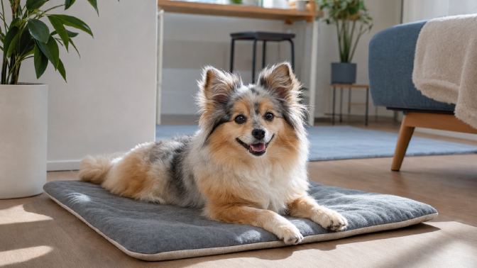 Fluffy little dog resting on a mat in a small sunlit apartment