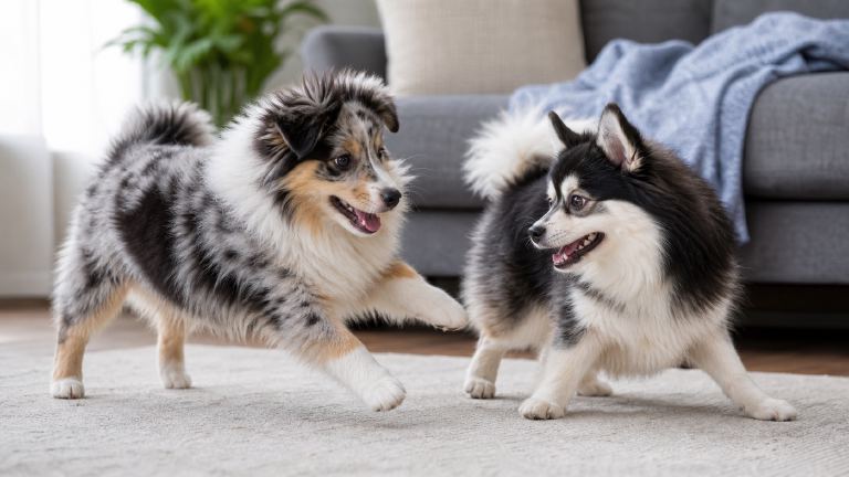 two fluffy small mixed-breed dogs playing, one merle and one husky-marked