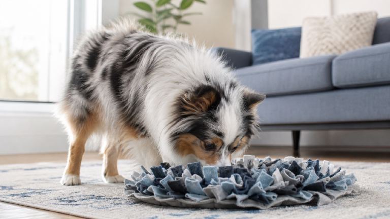 A small fluffy dog nosing food out of a snuffle mat indoors