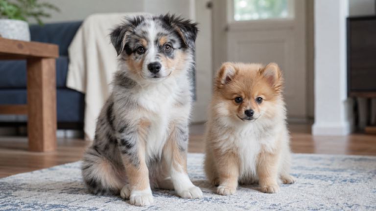 two fluffy littermate puppies that look noticeably different from each other