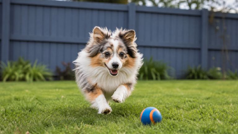 fluffy small dog sprinting after a ball in a fenced yard
