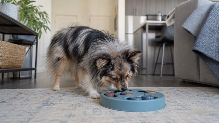 Small fluffy dog nosing a puzzle feeder on an apartment floor