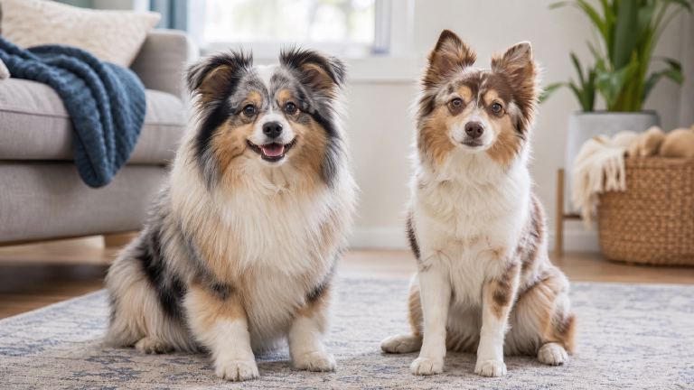 Two Aussie Poms with clearly different builds and coat lengths sitting side by side